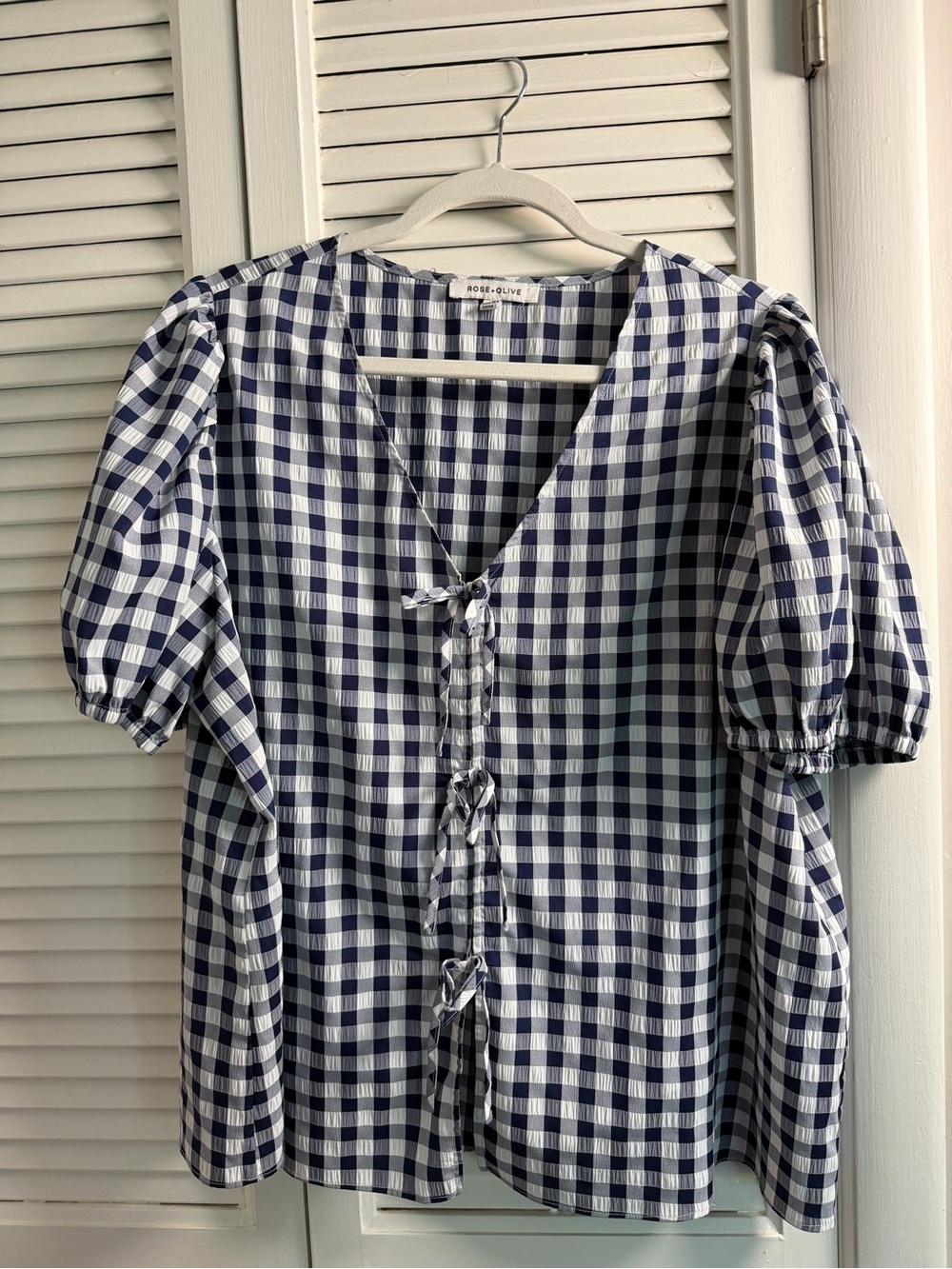 Rose & Olive Navy and White Gingham Puff-Sleeve Tie-Front Blouse